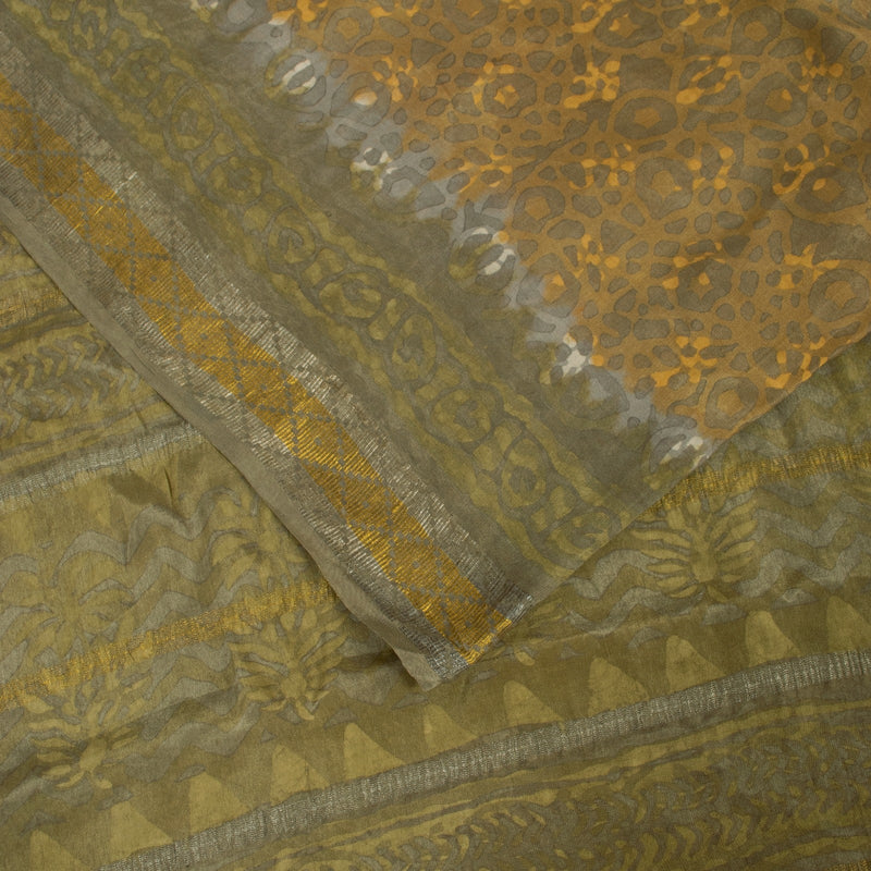 Sanskriti Vintage Saree Brown-Mustard Pure Crepe Abstract Print 5+YD Craft Sari