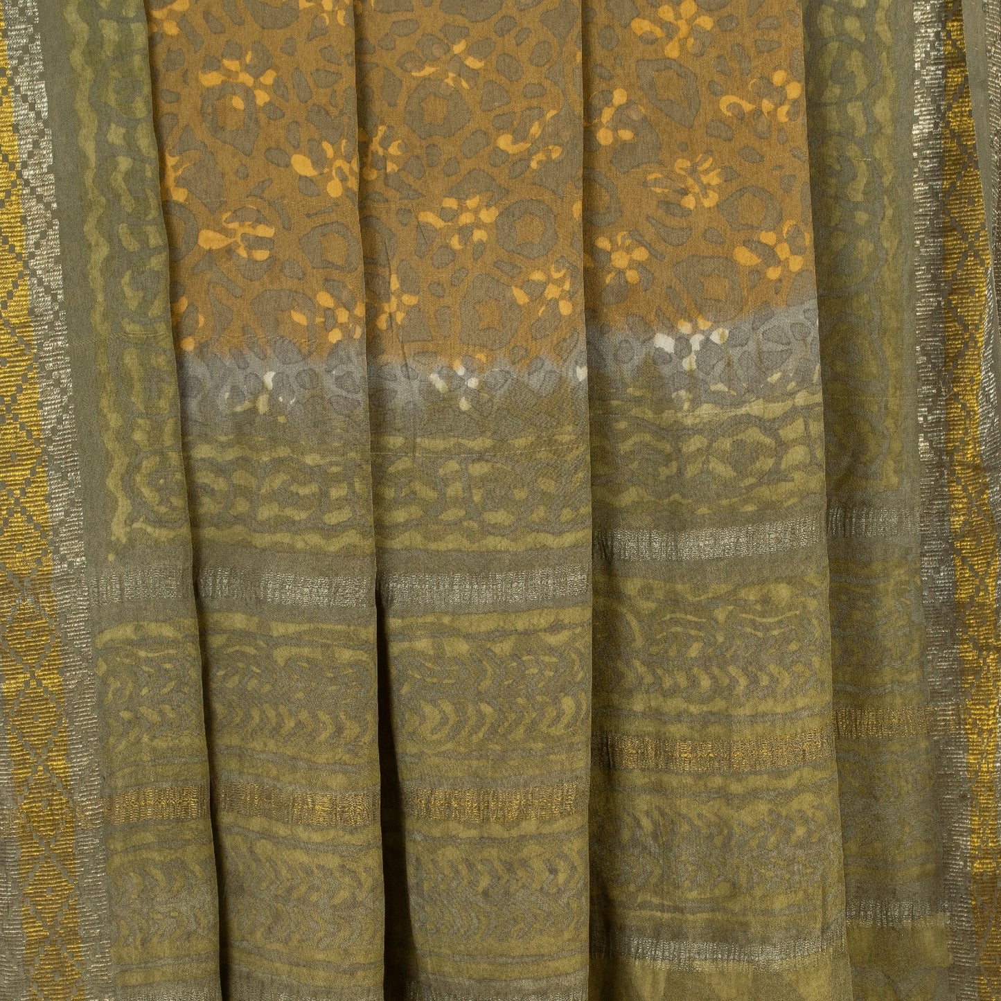 Sanskriti Vintage Saree Brown-Mustard Pure Crepe Abstract Print 5+YD Craft Sari