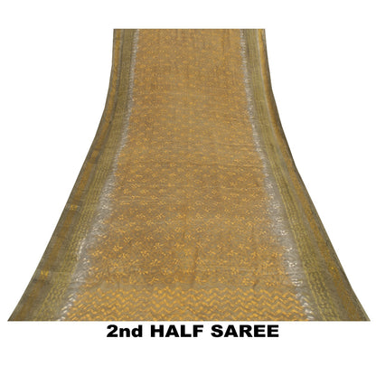 Sanskriti Vintage Saree Brown-Mustard Pure Crepe Abstract Print 5+YD Craft Sari