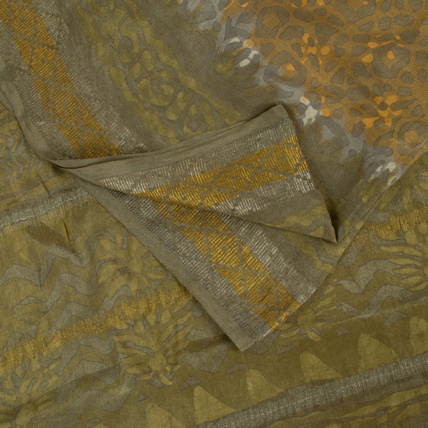 Sanskriti Vintage Saree Brown-Mustard Pure Crepe Abstract Print 5+YD Craft Sari