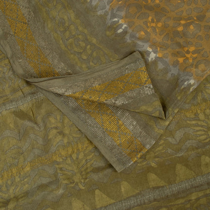 Sanskriti Vintage Saree Brown-Mustard Pure Crepe Abstract Print 5+YD Craft Sari