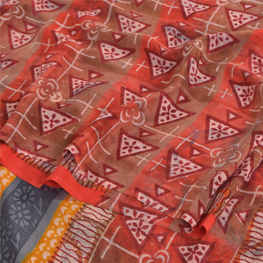 Sanskriti Vintage Sarees Red Indian Pure Crepe Silk Print Sari 5yd Craft Sustainable Fabric