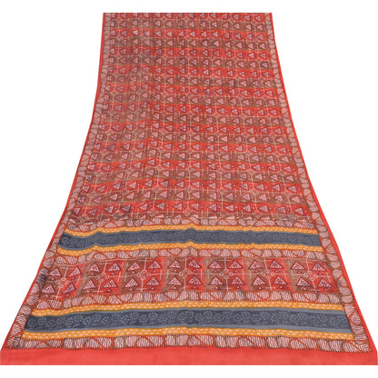 Санскритские винтажные сари из красного индийского чистого крепированного шелка с принтом 5 ярдов ремесленная устойчивая ткань