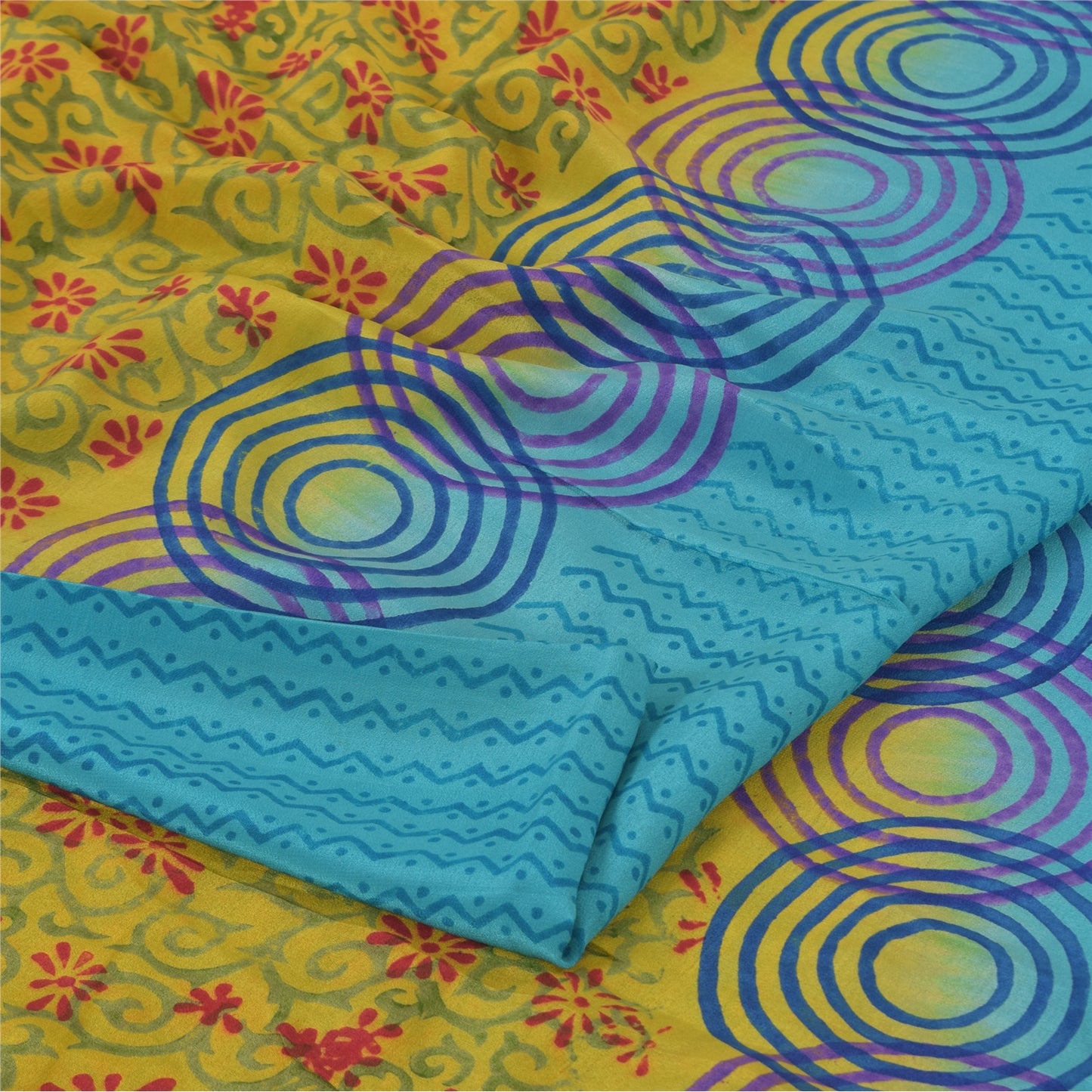 Sanskriti Vintage Sarees Blue/Green Pure Crepe Silk Print Sari 5yd Craft Sustainable Fabric