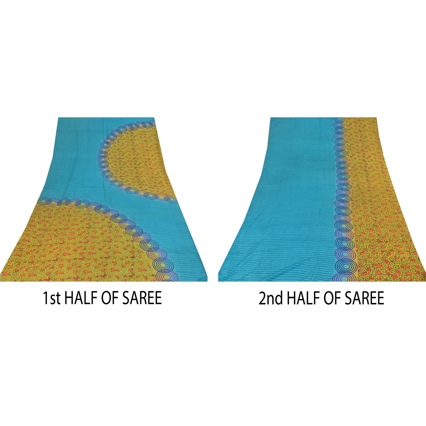 Sanskriti Vintage Sarees Blue/Green Pure Crepe Silk Print Sari 5yd Craft Sustainable Fabric