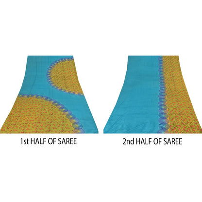 Sanskriti Vintage Sarees Blue/Green Pure Crepe Silk Print Sari 5yd Craft Sustainable Fabric