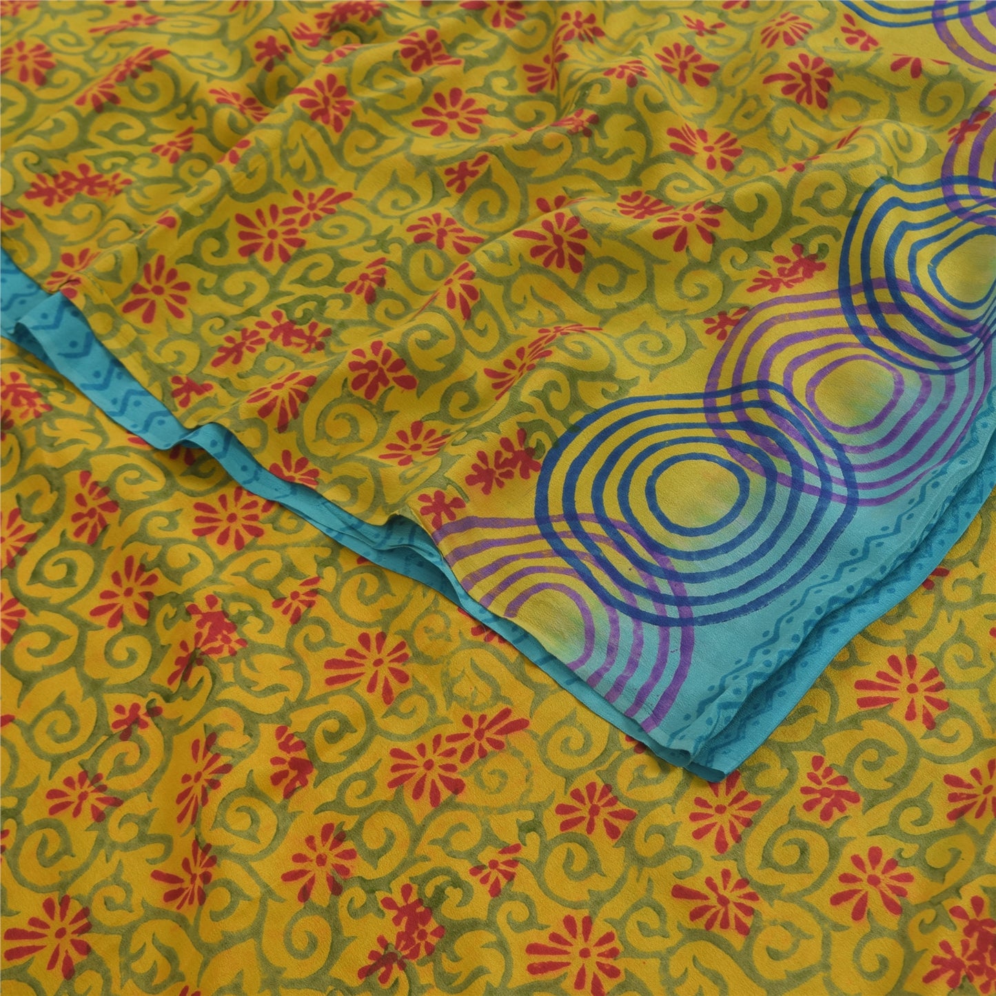 Sanskriti Vintage Sarees Blue/Green Pure Crepe Silk Print Sari 5yd Craft Sustainable Fabric