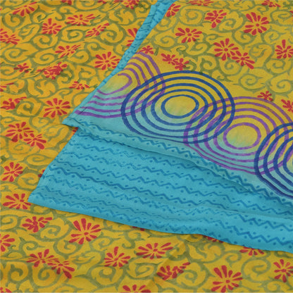 Sanskriti Vintage Sarees Blue/Green Pure Crepe Silk Print Sari 5yd Craft Sustainable Fabric