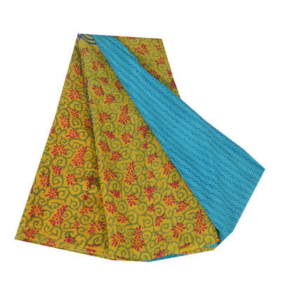 Sanskriti Vintage Sarees Blue/Green Pure Crepe Silk Print Sari 5yd Craft Sustainable Fabric