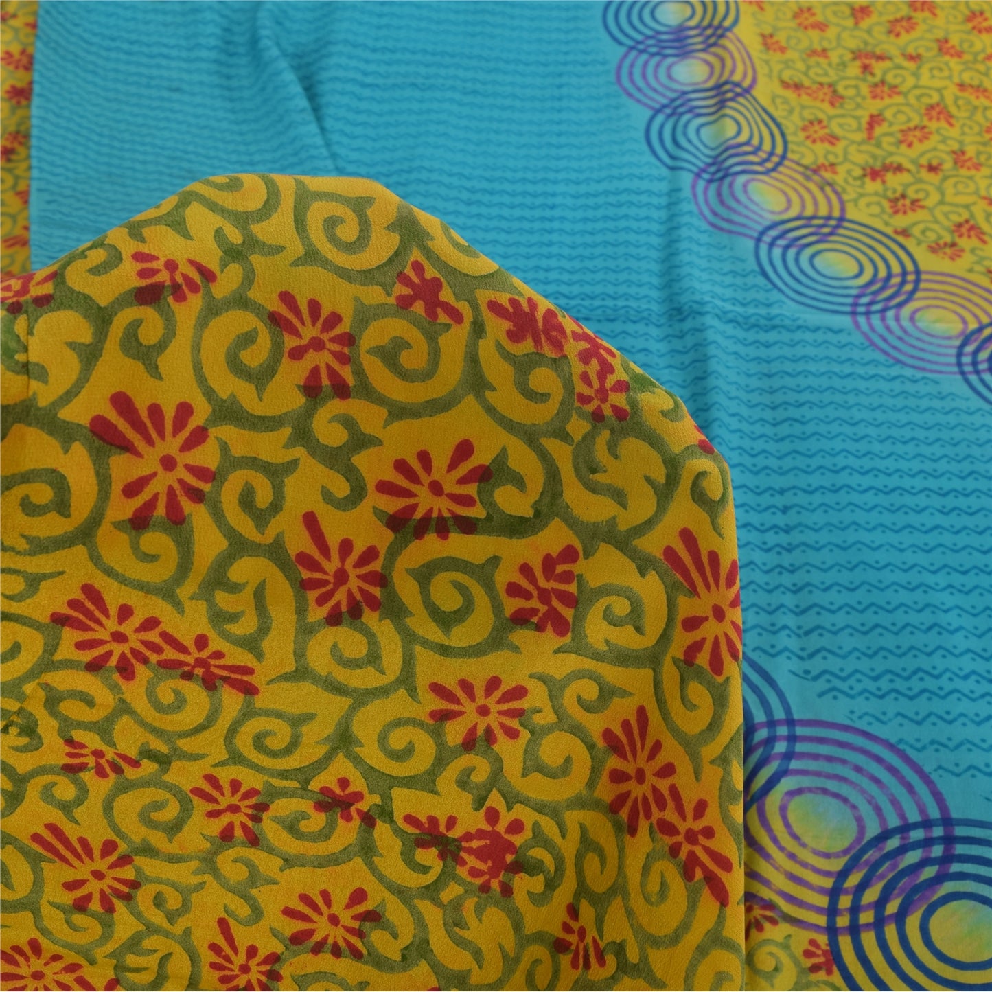 Sanskriti Vintage Sarees Blue/Green Pure Crepe Silk Print Sari 5yd Craft Sustainable Fabric