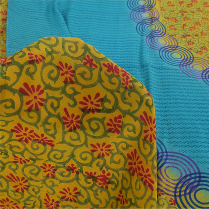 Sanskriti Vintage Sarees Blue/Green Pure Crepe Silk Print Sari 5yd Craft Sustainable Fabric