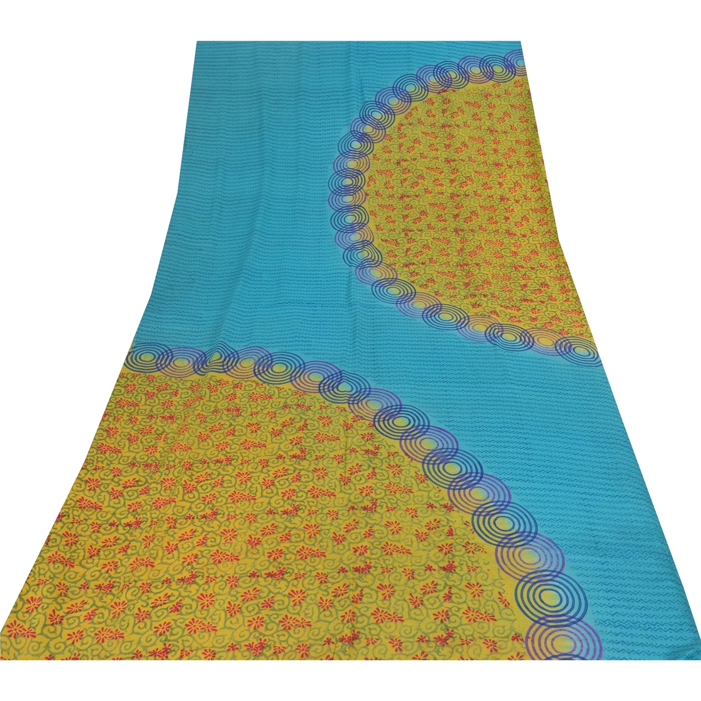 Sanskriti Vintage Sarees Blue/Green Pure Crepe Silk Print Sari 5yd Craft Sustainable Fabric