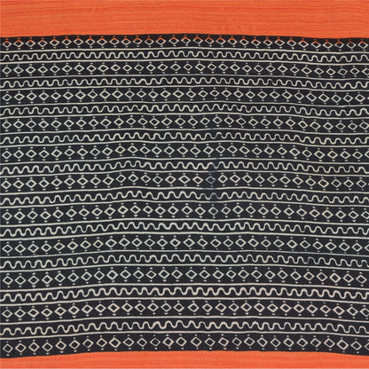 Sanskriti Vintage Sarees Black/Orange Pure Crepe Silk Print Sari Craft Sustainable Fabric