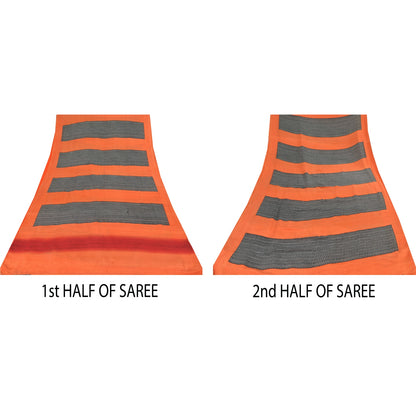 Sanskriti Vintage Sarees Black/Orange Pure Crepe Silk Print Sari Craft Sustainable Fabric