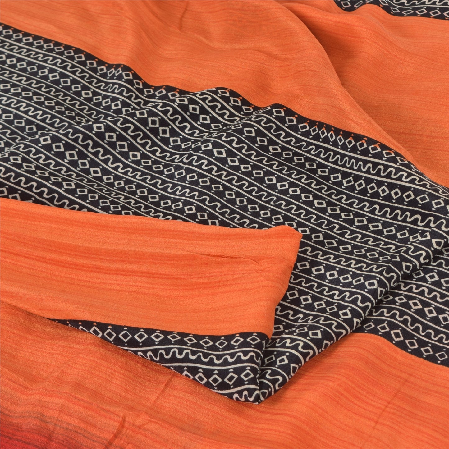 Sanskriti Vintage Sarees Black/Orange Pure Crepe Silk Print Sari Craft Sustainable Fabric