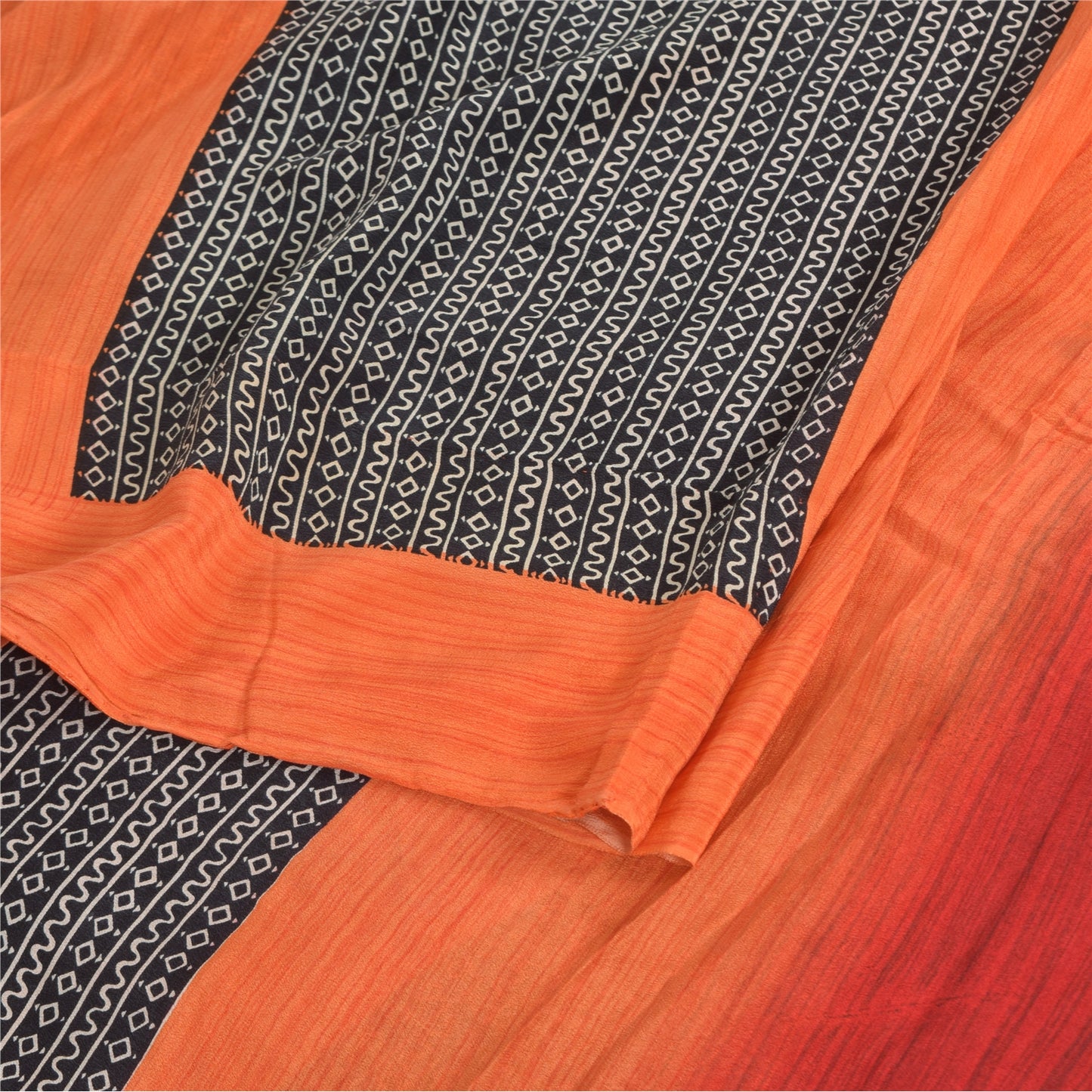 Sanskriti Vintage Sarees Black/Orange Pure Crepe Silk Print Sari Craft Sustainable Fabric