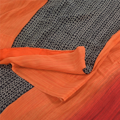 Sanskriti Vintage Sarees Black/Orange Pure Crepe Silk Print Sari Craft Sustainable Fabric