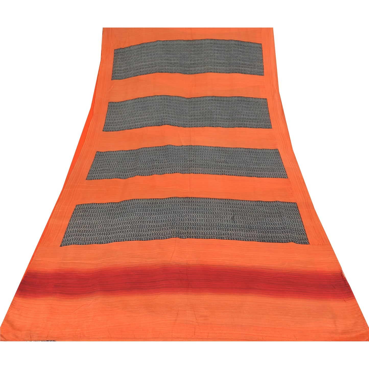Sanskriti Vintage Sarees Black/Orange Pure Crepe Silk Print Sari Craft Sustainable Fabric