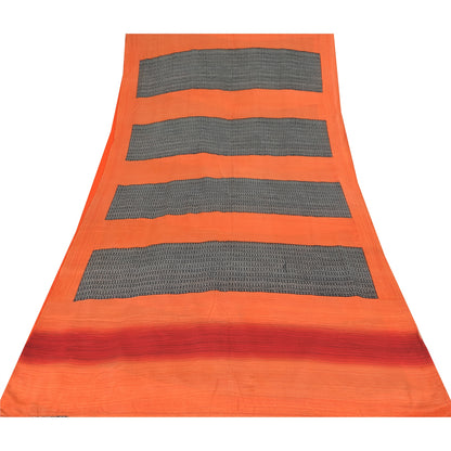 Sanskriti Vintage Sarees Black/Orange Pure Crepe Silk Print Sari Craft Sustainable Fabric