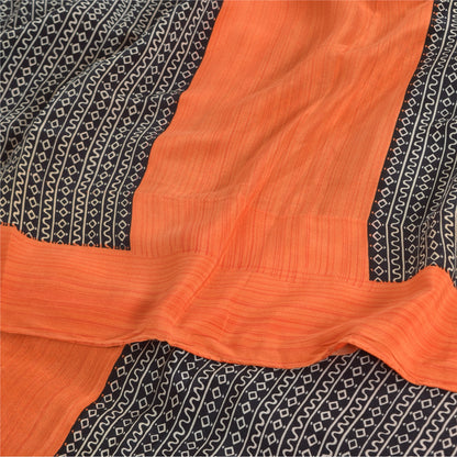 Sanskriti Vintage Sarees Black/Orange Pure Crepe Silk Print Sari Craft Sustainable Fabric