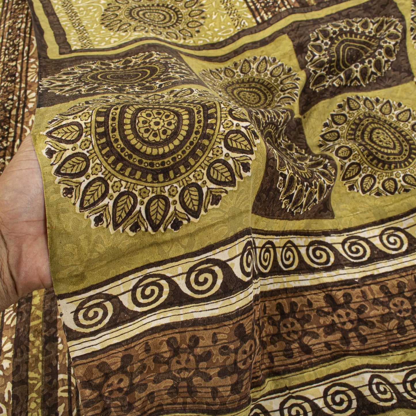 Sanskriti Vintage Saree Brown Pure Crepe Mandal Art Printed Sari 5.5+Yard Fabric