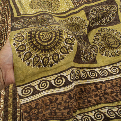 Sanskriti Vintage Saree Brown Pure Crepe Mandal Art Printed Sari 5.5+Yard Fabric