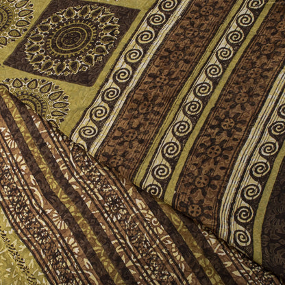 Sanskriti Vintage Saree Brown Pure Crepe Mandal Art Printed Sari 5.5+Yard Fabric