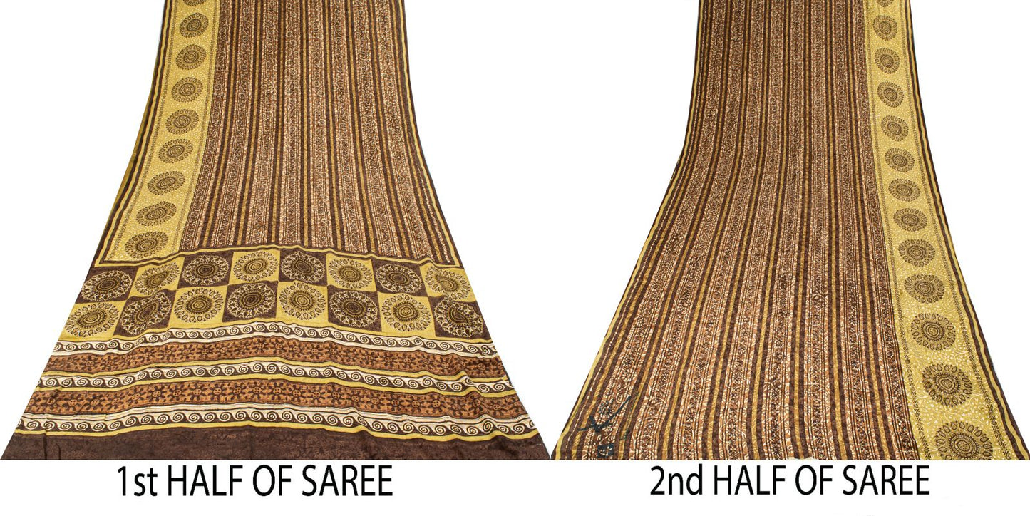 Sanskriti Vintage Saree Brown Pure Crepe Mandal Art Printed Sari 5.5+Yard Fabric