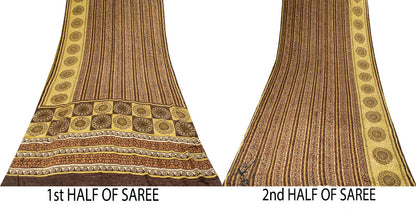 Sanskriti Vintage Saree Brown Pure Crepe Mandal Art Printed Sari 5.5+Yard Fabric