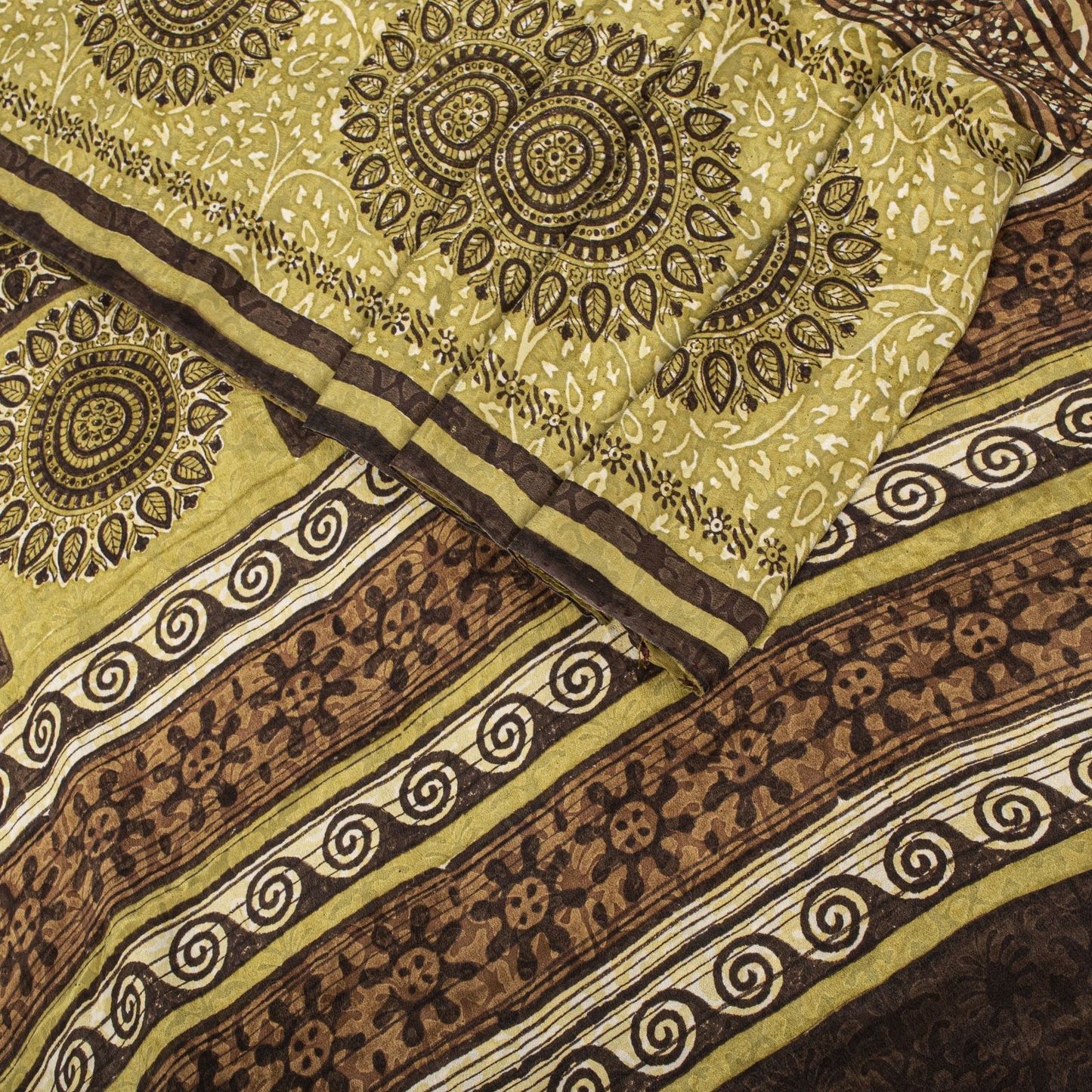 Sanskriti Vintage Saree Brown Pure Crepe Mandal Art Printed Sari 5.5+Yard Fabric