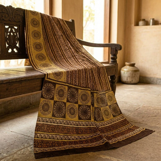 Sanskriti Vintage Saree Brown Pure Crepe Mandal Art Printed Sari 5.5+Yard Fabric