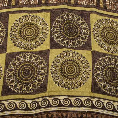Sanskriti Vintage Saree Brown Pure Crepe Mandal Art Printed Sari 5.5+Yard Fabric