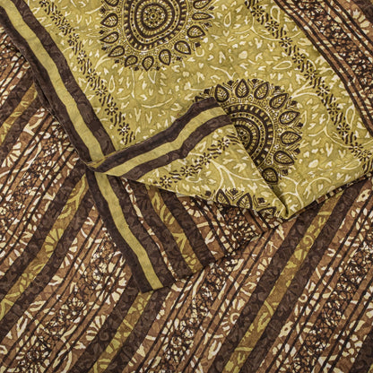 Sanskriti Vintage Saree Brown Pure Crepe Mandal Art Printed Sari 5.5+Yard Fabric