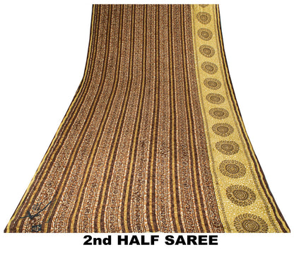 Sanskriti Vintage Saree Brown Pure Crepe Mandal Art Printed Sari 5.5+Yard Fabric