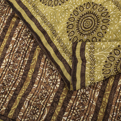 Sanskriti Vintage Saree Brown Pure Crepe Mandal Art Printed Sari 5.5+Yard Fabric