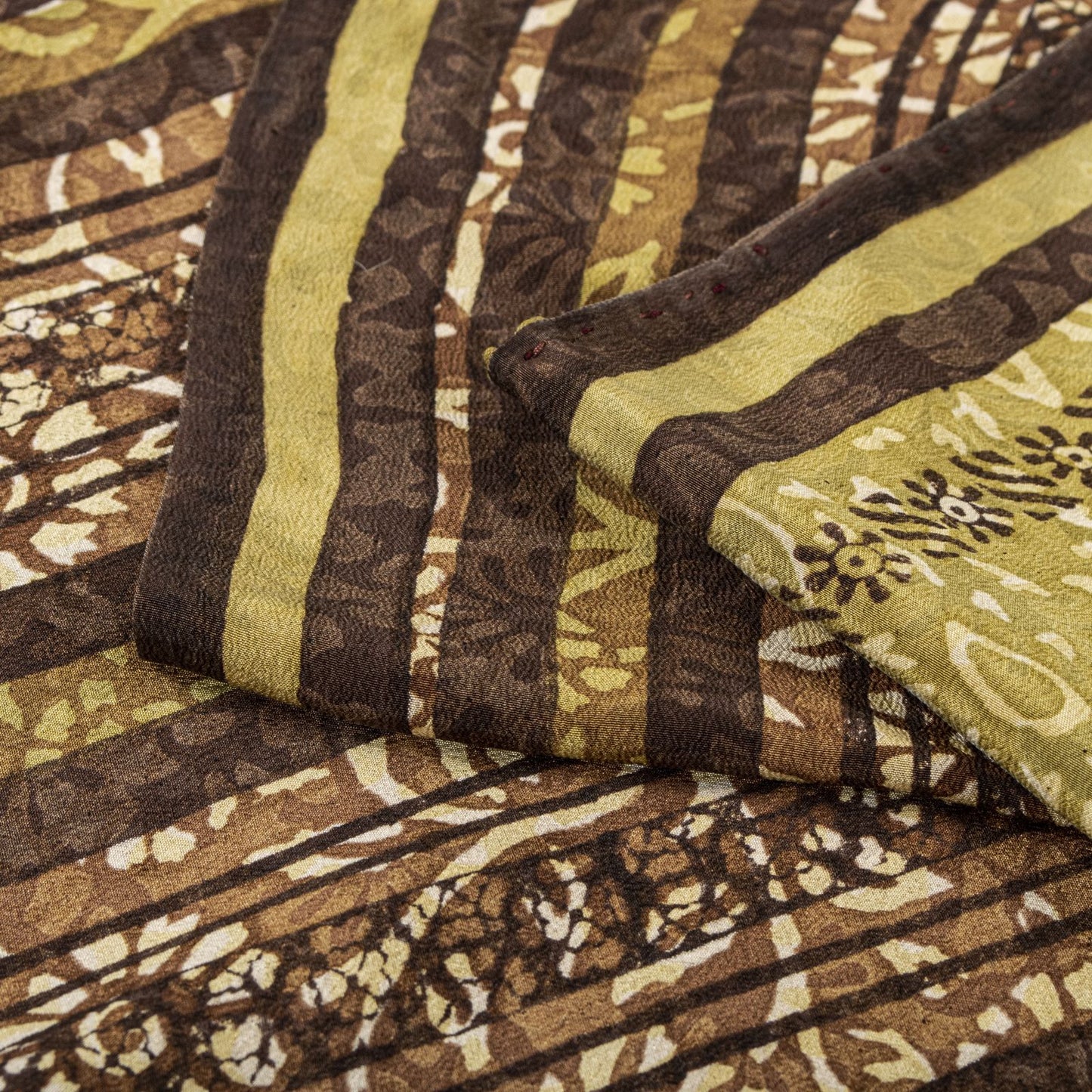 Sanskriti Vintage Saree Brown Pure Crepe Mandal Art Printed Sari 5.5+Yard Fabric