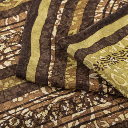 Sanskriti Vintage Saree Brown Pure Crepe Mandal Art Printed Sari 5.5+Yard Fabric