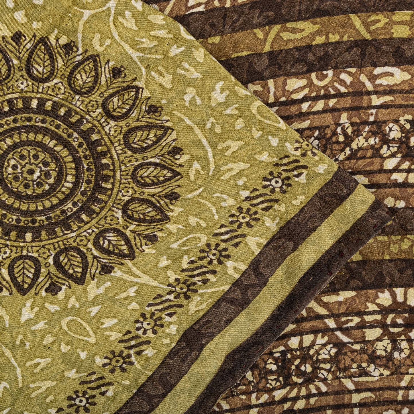 Sanskriti Vintage Saree Brown Pure Crepe Mandal Art Printed Sari 5.5+Yard Fabric