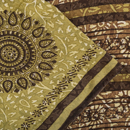 Sanskriti Vintage Saree Brown Pure Crepe Mandal Art Printed Sari 5.5+Yard Fabric