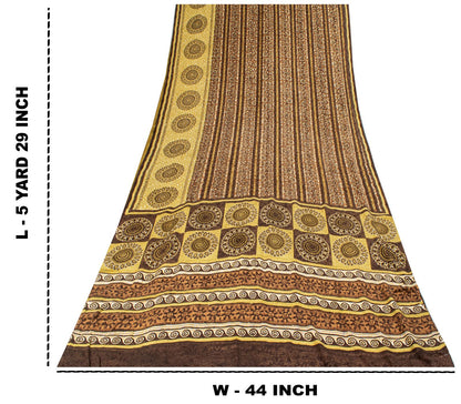 Sanskriti Vintage Saree Brown Pure Crepe Mandal Art Printed Sari 5.5+Yard Fabric