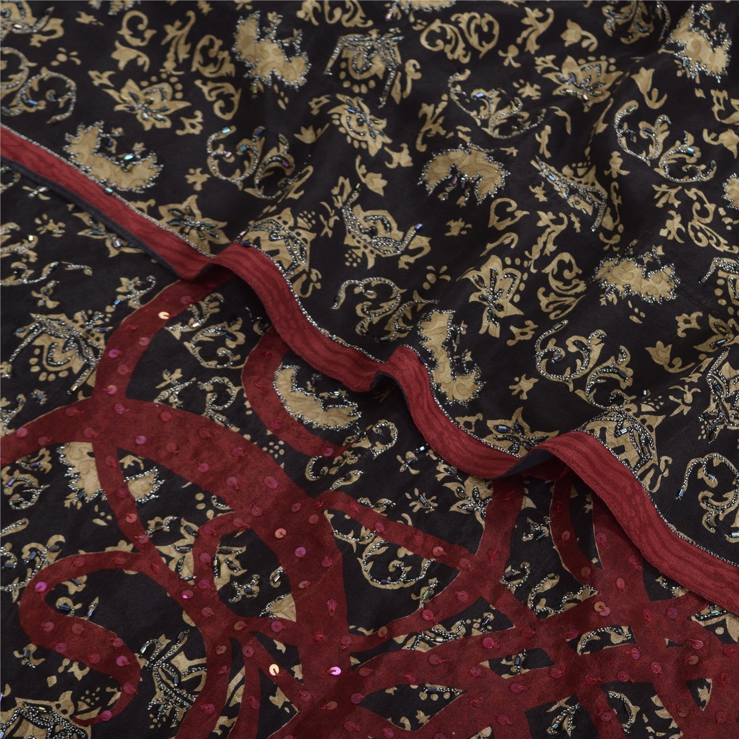 Сари Sanskriti Vintage, черное чистое креповое шелковое сари с принтом, 5 ярдов, устойчивая ткань SoftCraft