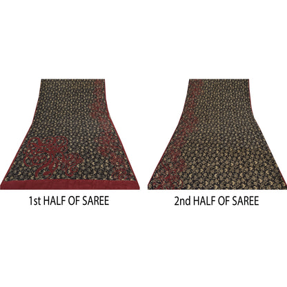 Сари Sanskriti Vintage, черное чистое креповое шелковое сари с принтом, 5 ярдов, устойчивая ткань SoftCraft