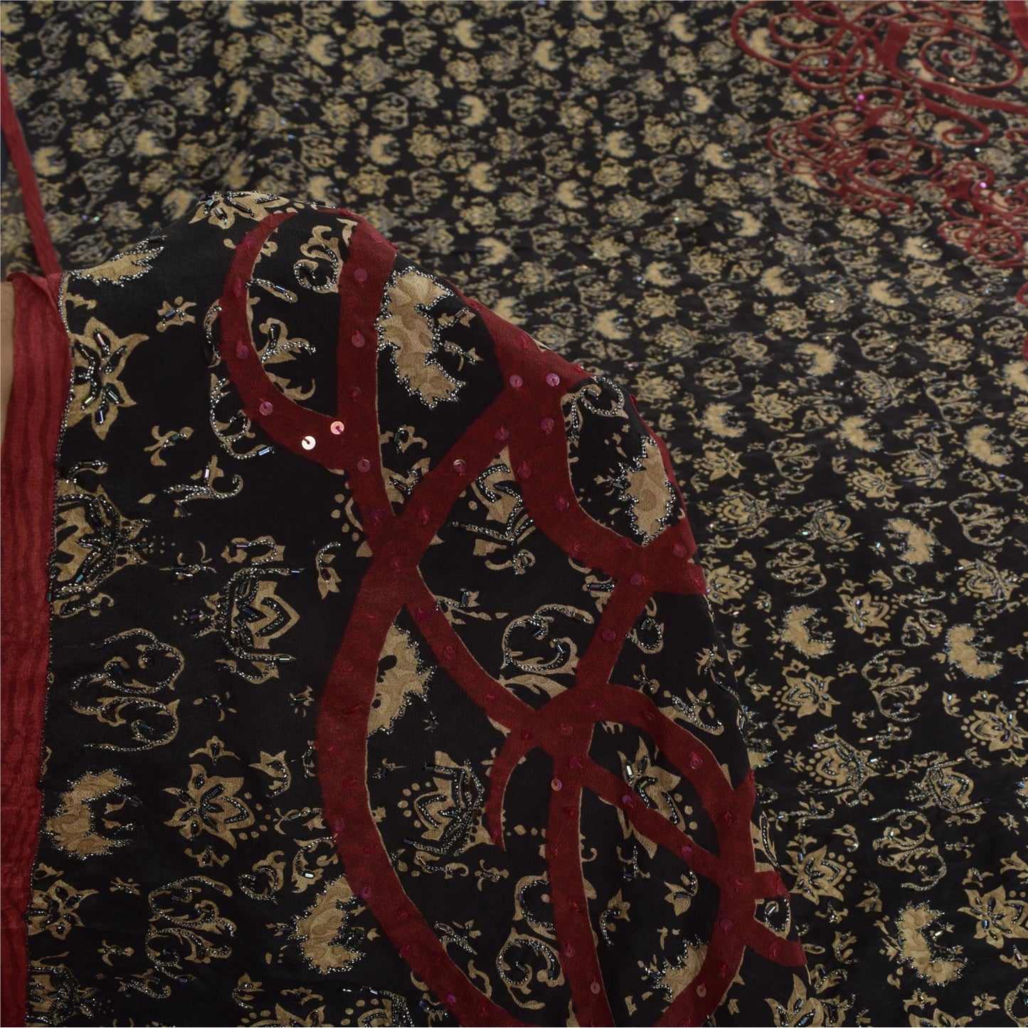 Сари Sanskriti Vintage, черное чистое креповое шелковое сари с принтом, 5 ярдов, устойчивая ткань SoftCraft