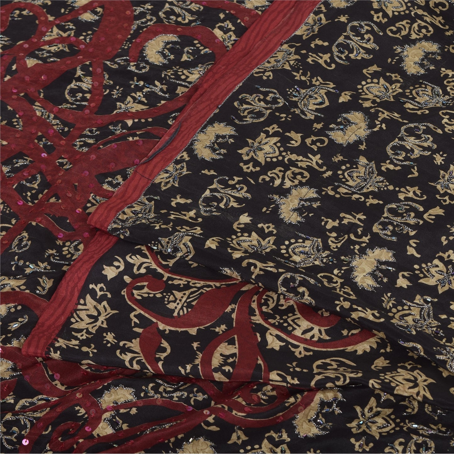 Сари Sanskriti Vintage, черное чистое креповое шелковое сари с принтом, 5 ярдов, устойчивая ткань SoftCraft