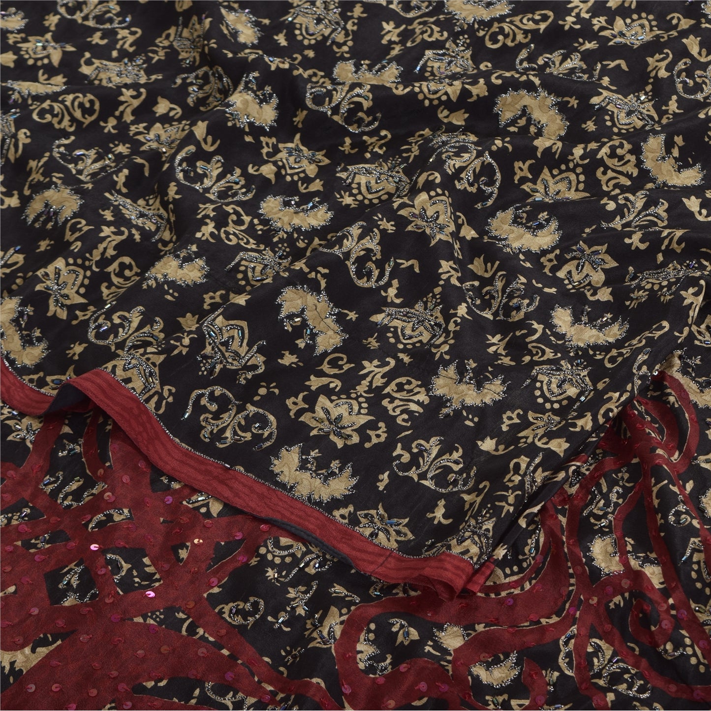 Сари Sanskriti Vintage, черное чистое креповое шелковое сари с принтом, 5 ярдов, устойчивая ткань SoftCraft