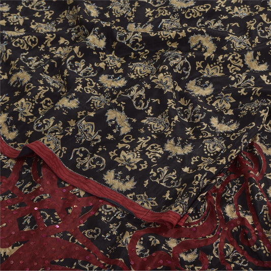 Sanskriti Vintage Sarees Black Pure Crepe Silk Printed Sari 5yd SoftCraft Sustainable Fabric