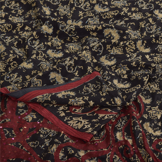 Sanskriti Vintage Sarees Black Pure Crepe Silk Printed Sari 5yd SoftCraft Sustainable Fabric