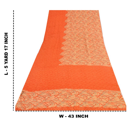 Sanskriti Vintage Sarees Orange Pure Crepe Silk Printed Sari 5yd Craft Sustainable Fabric
