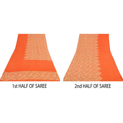 Sanskriti Vintage Sarees Orange Pure Crepe Silk Printed Sari 5yd Craft Sustainable Fabric