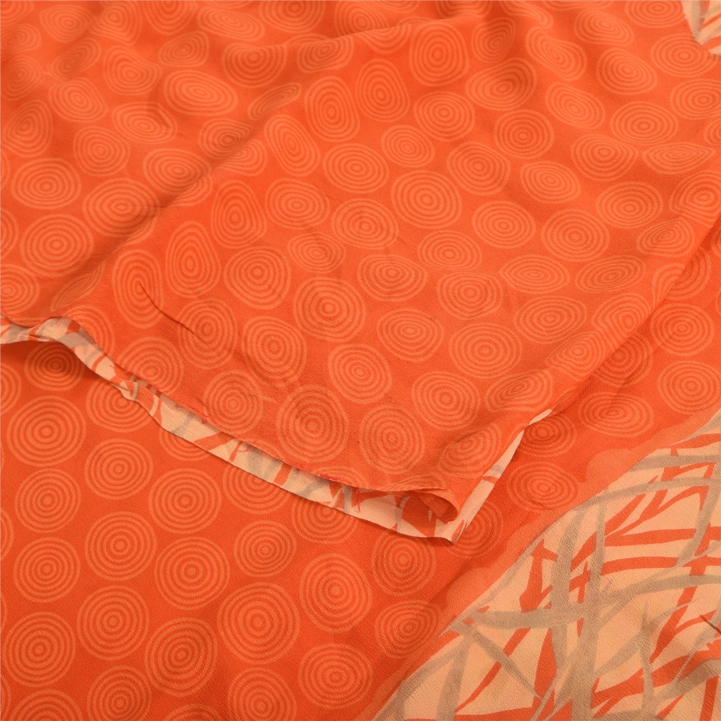 Sanskriti Vintage Sarees Orange Pure Crepe Silk Printed Sari 5yd Craft Sustainable Fabric